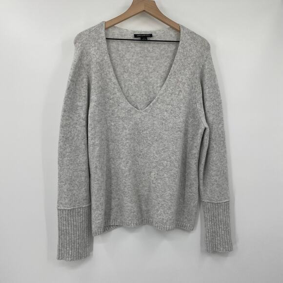 Something Navy V Neck Sweater Knit Cotton Wool Blend Light Gray Womens Medium - Picture 2 of 6